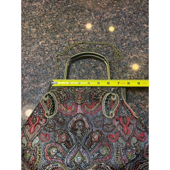 Vintage Style Beaded Bag w Metal Frame Top Handles and Chain - Picture 7 of 11